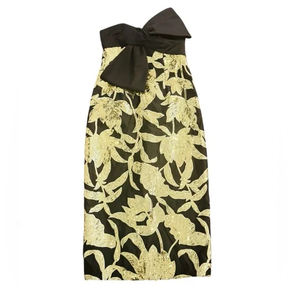 MARCHESA NOTTE***Black and Gold Lotus Strapless Bow Midi Dress****US 4 $795 - Picture 4 of 8